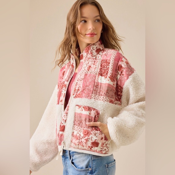Altar'd State Jackets & Blazers - Altar'd State Pink Patchwork Sherpa Jacket with Cream Panels